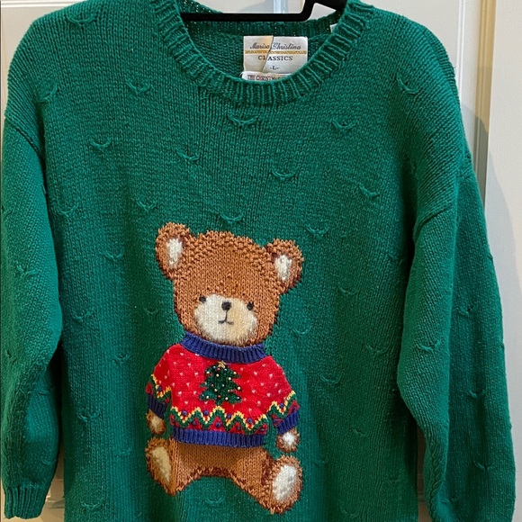 Marisa Christina Teal Christmas Sweater with Bear and Bow Design - Picture 2 of 8